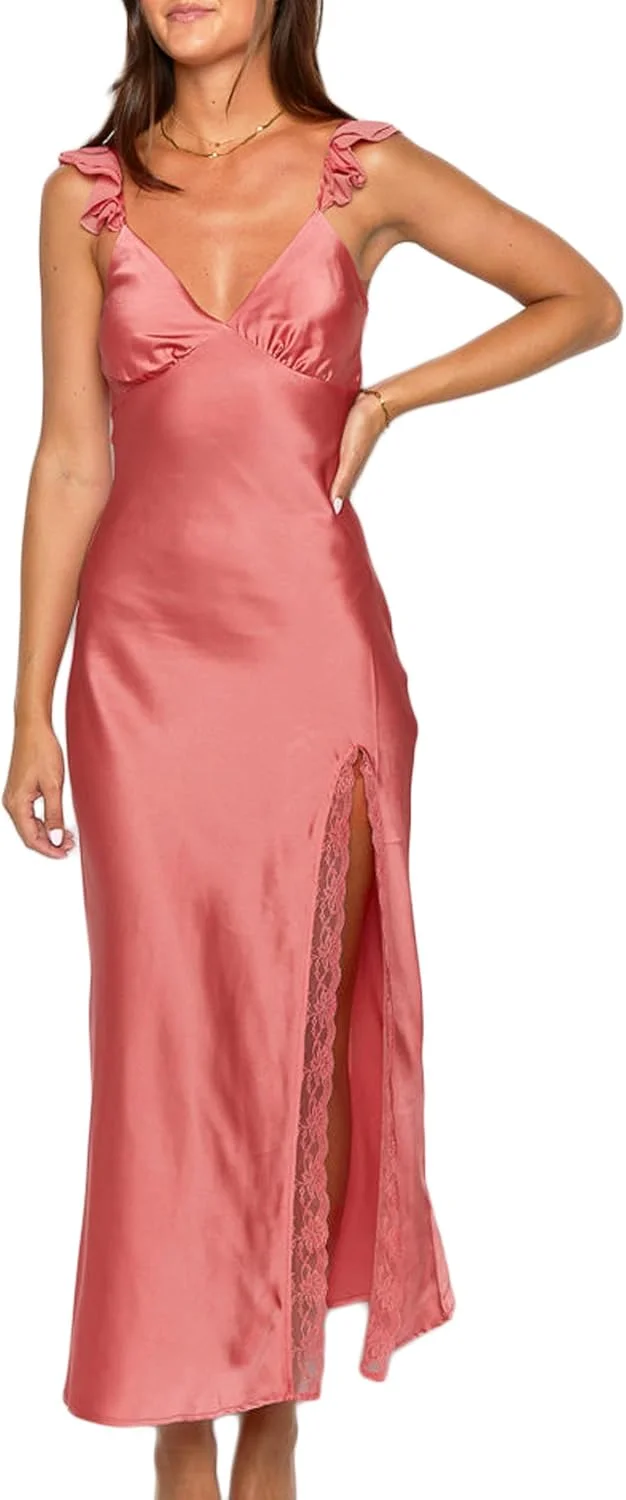 KOUNAI Women's Satin Summer Lace Slit Formal Midi Dress for Wedding Guest