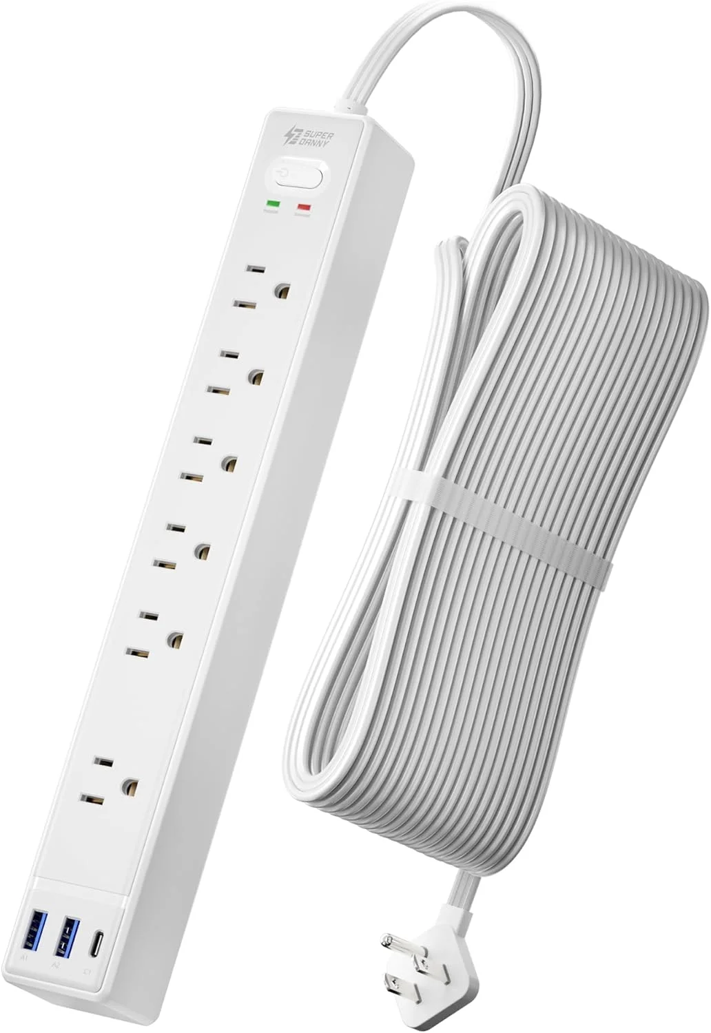 Extensión de corriente 20 pies SUPERDANNY con protector de sobretensión y puertos USB