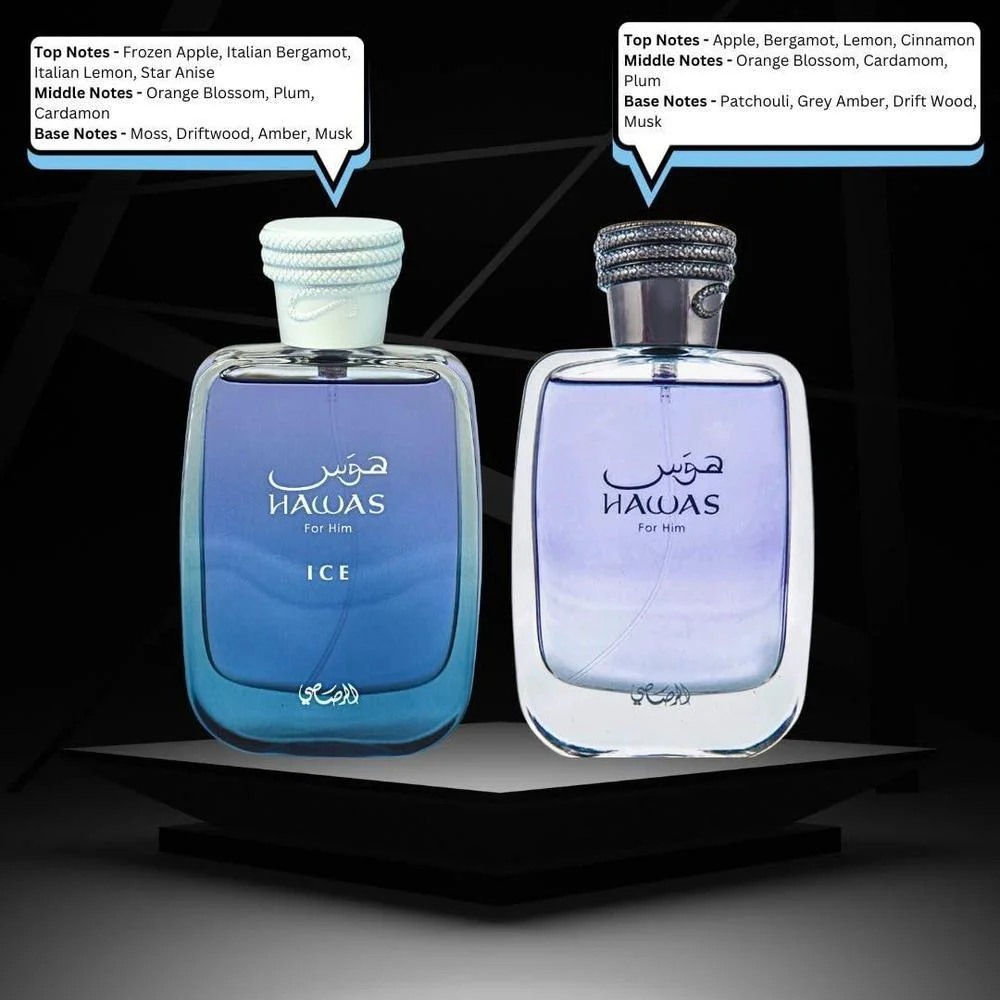RASASI Hawas y Hawas Ice para él EDP Sprays de larga duración, aromas masculinos refrescantes y acuáticos de lujo