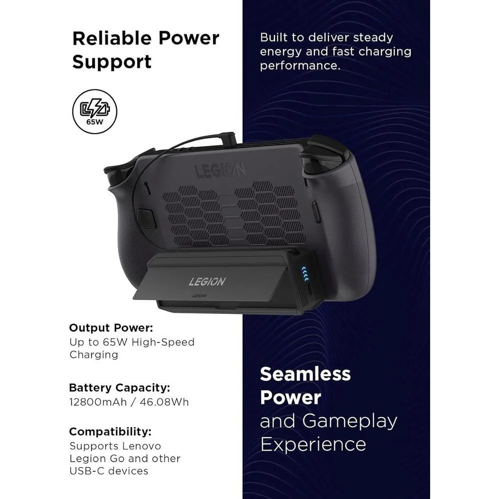 Banco De Energía Portátil Lenovo Legion Go 65W Con Cable USB-C, Fijación Magnética, Soporte Y Protección De Sobrecarga