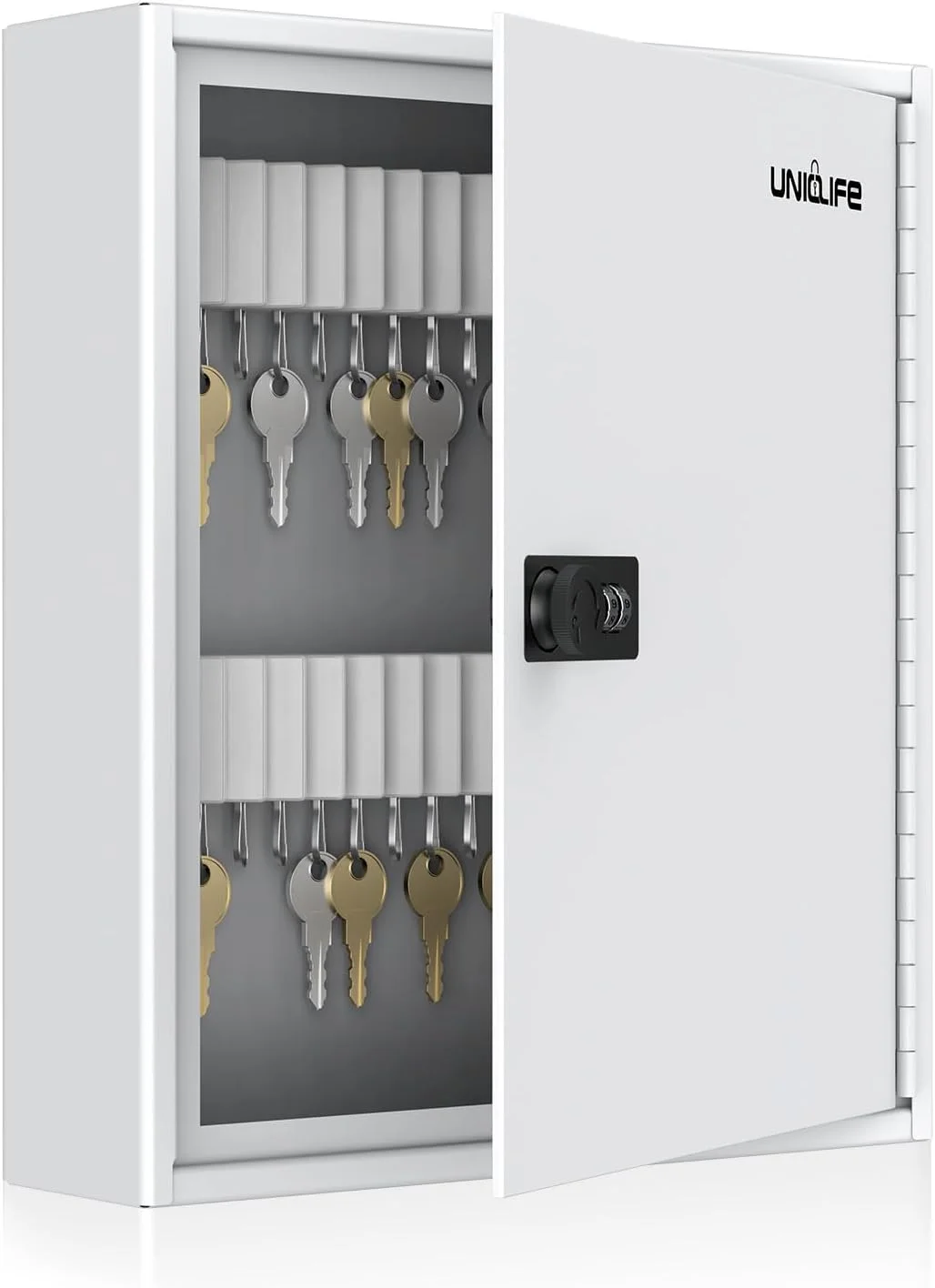 Uniclife 60 Position Slotted Key Cabinet with Combination Lock Resettable White Digital Security Storage Box Steel Key Organizer with Slotted Racks White Key Tag Labels and Permanent Pen
