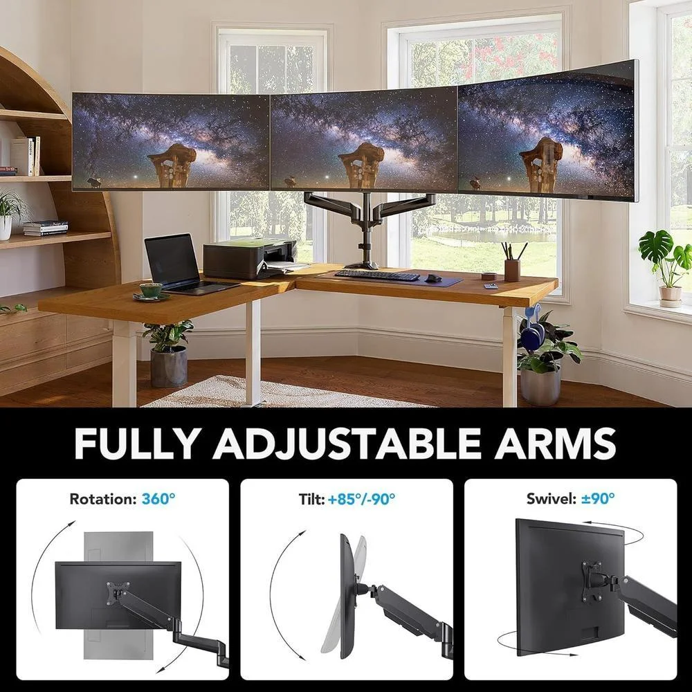 Soporte triple HUANUO para monitores de hasta 32 pulgadas, ajuste en inclinación, giro y diferentes opciones de montaje