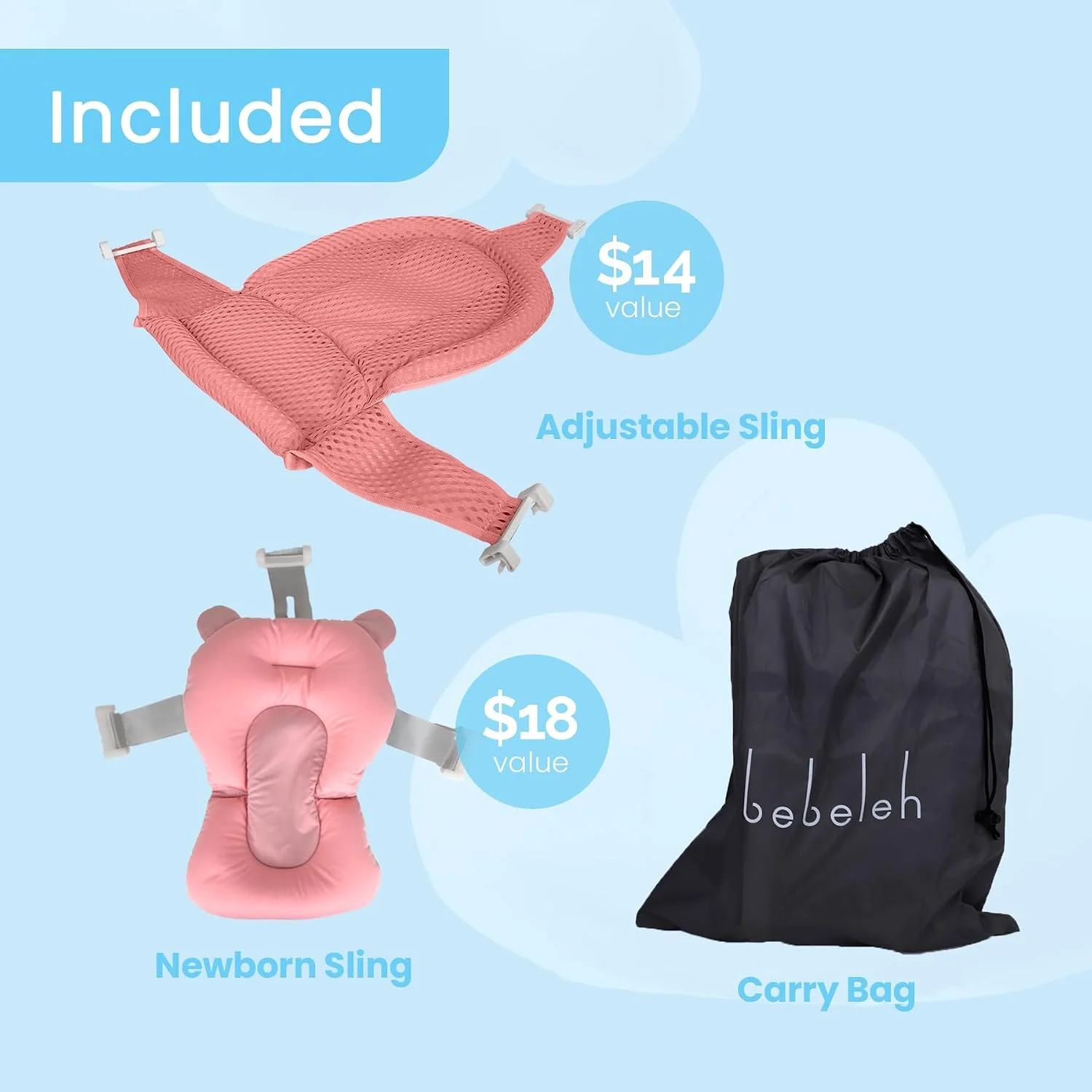 BEBELEH Bañera Plegable para Bebé con Termómetro y Doble Hamaca Rosada