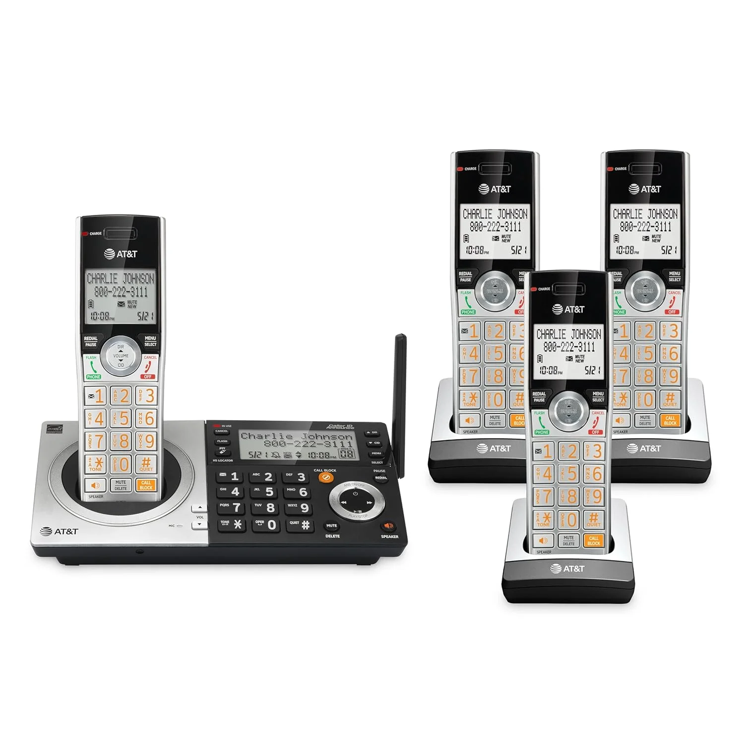 Teléfono fijo inalámbrico AT&T CL83407 DECT 6.0 con 4 auriculares y bloqueador de llamadas