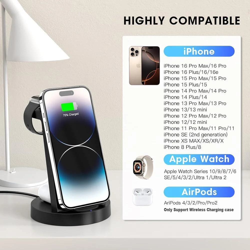 Estación de carga 3 en 1 para iPhone y Apple Watch con cargador inalámbrico, compatible con AirPods