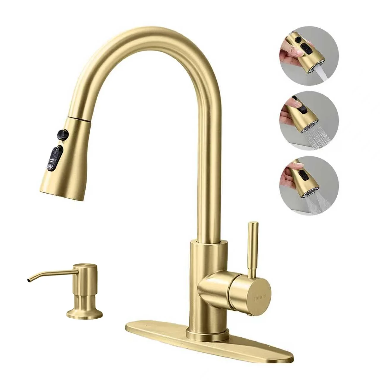 TOYWIA Gold Kitchen Faucets with Pull Down Sprayer and Soap Dispenser, 3 Function Sprayer, Stainless Steel Single Handle High Arc Sink Faucet for RV, Bar, Farmhouse, Laundry, Outdoor