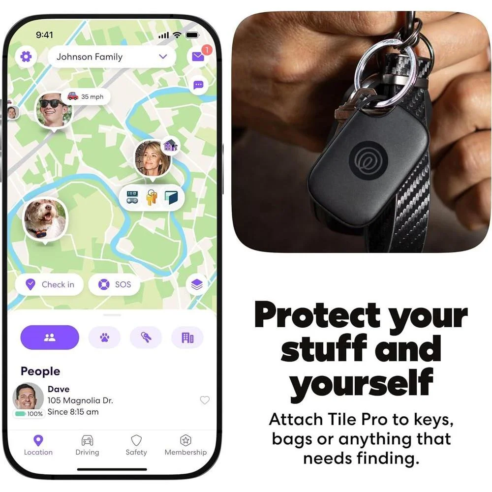Tile Pro de Life360 - Rastreador Bluetooth potente y buscador de llaves/artículos, compatible con iOS y Android, paquete de 4 colores negros/blancos
