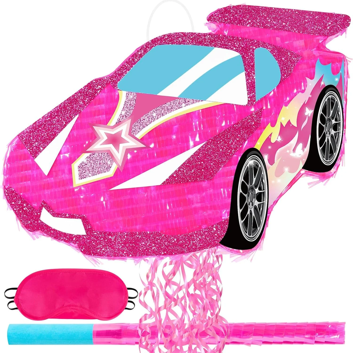Piñata auto de carreras rosa para niñas con accesorios de fiesta