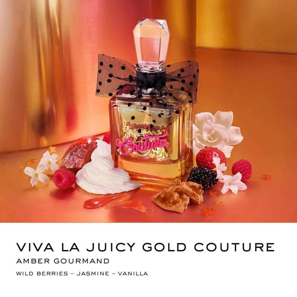 Juicy Couture Viva La Juicy Gold Eau De Parfum, Perfume para Mujer con Notas de Frutos Rojos Jugosos, Jazmín Sambac y Crema de Vainilla - Frutal y Dulce, EDP Spray