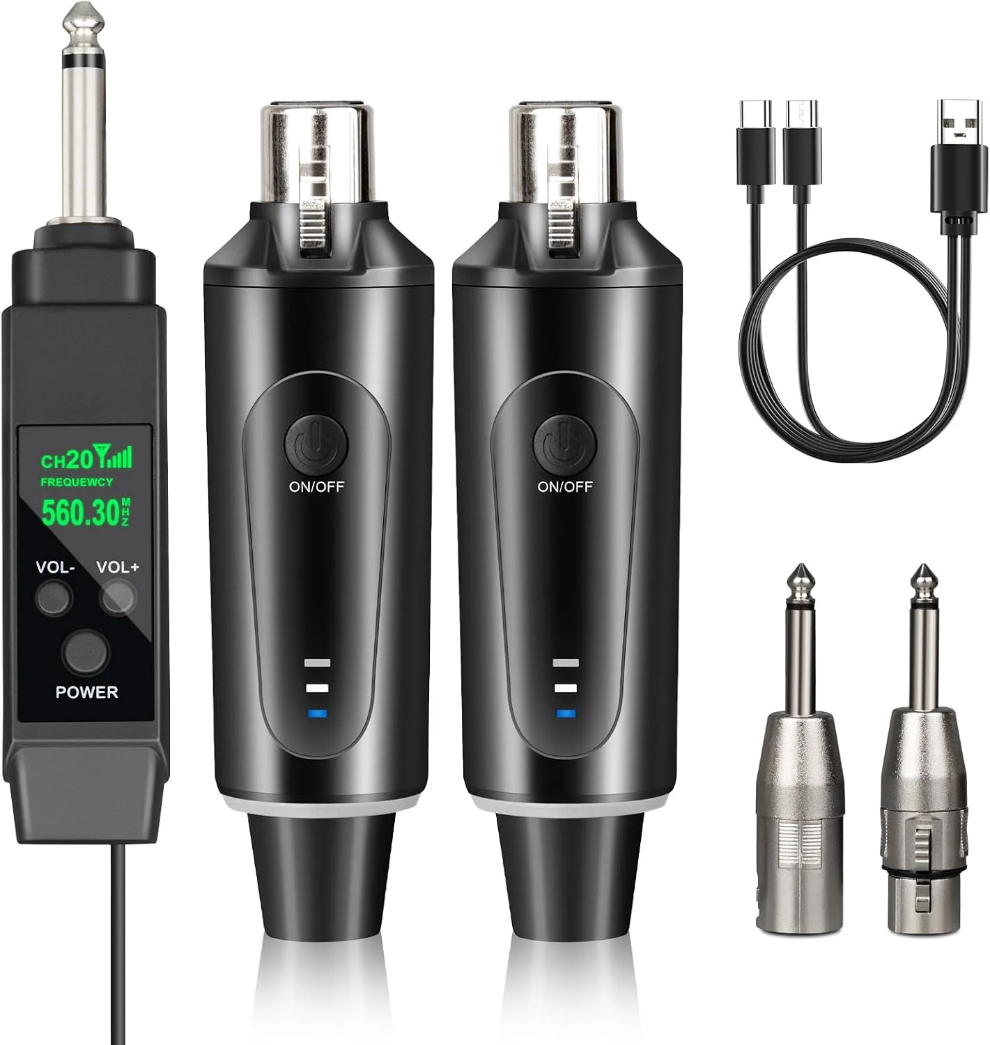 Depusheng 2.4GHz Wireless Microphone System Transmitter & Receiver with Volume Adjustment, Low Latency, Rechargeable, 150ft Range, Easy Pairing for PA System, Audio Mixer (Two Transmitter)