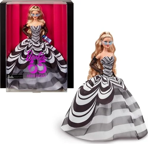 Muñeca Barbie Signature 65 Aniversario Cabello Rubio Vestido Blanco y Negro