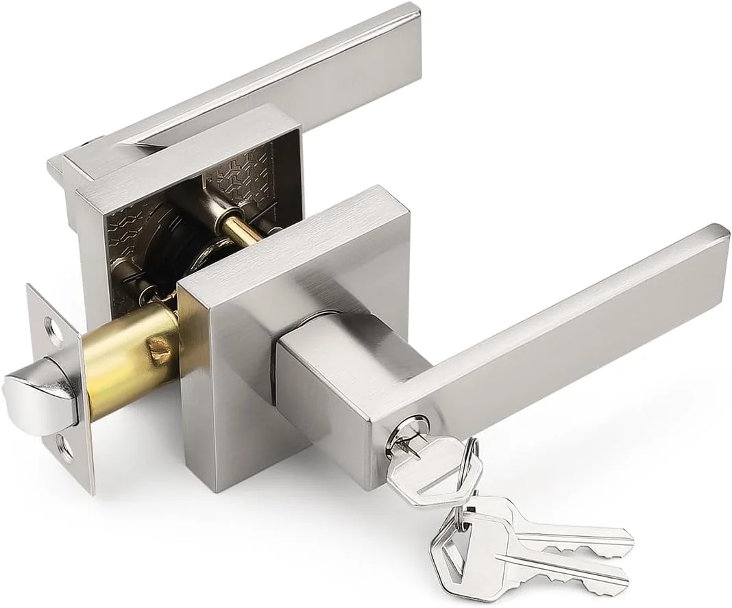 Manija para puerta de entrada Tinewa cuadrada con cerradura y llave níquel cepillado