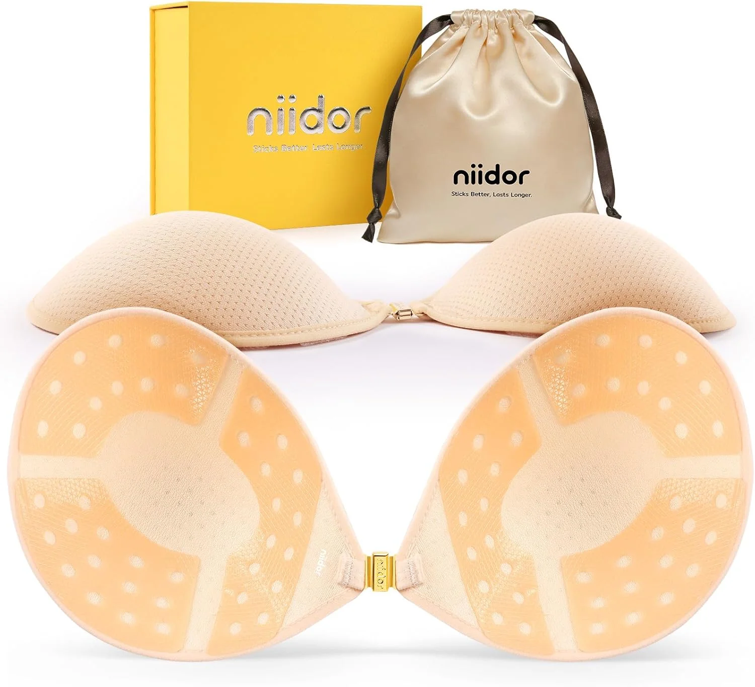 Niidor Womens Strapless Bra Sticky Bra Push Up Backless Reusable Magnetic Front Closure Adhesive Bra Breathable Protective Sports Bras with Gift Box White A Cup Aerobra
