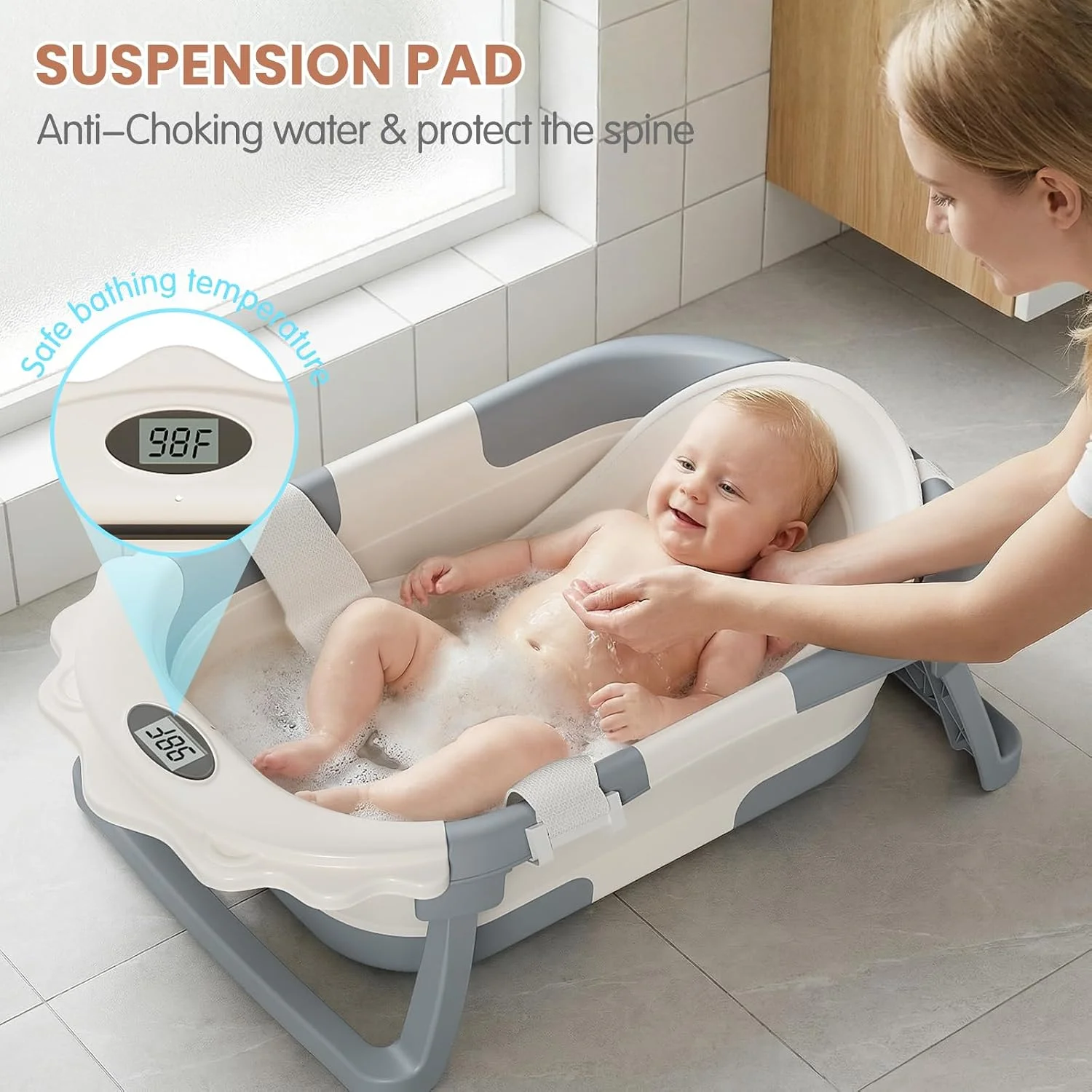 TPN Grow-with-Me 4 en 1 Bañera Plegable con Cojín y Termómetro Gris