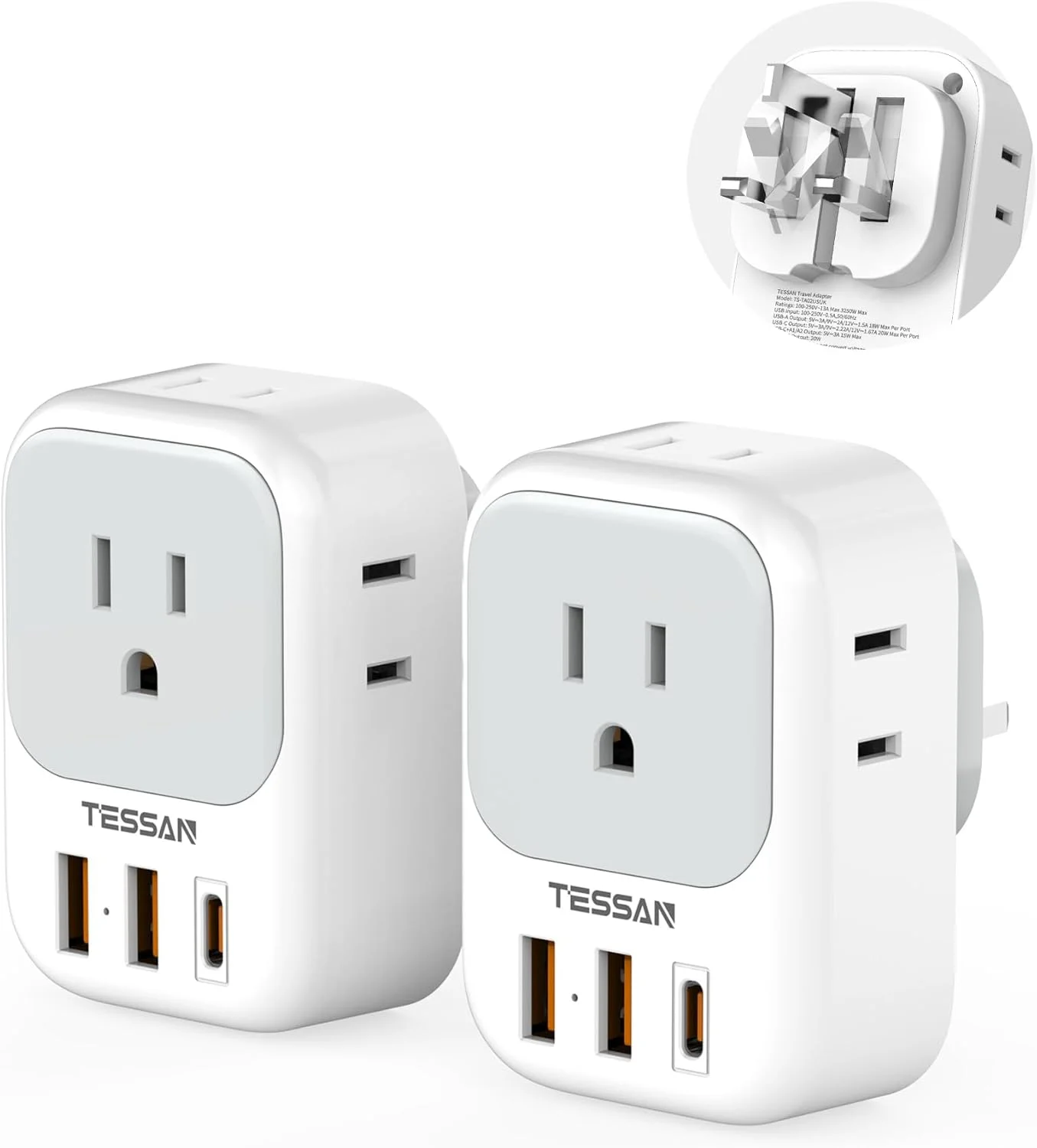 Adaptador de enchufe TESSAN UK a US, plegable con 4 salidas AC y 3 puertos USB, 20W