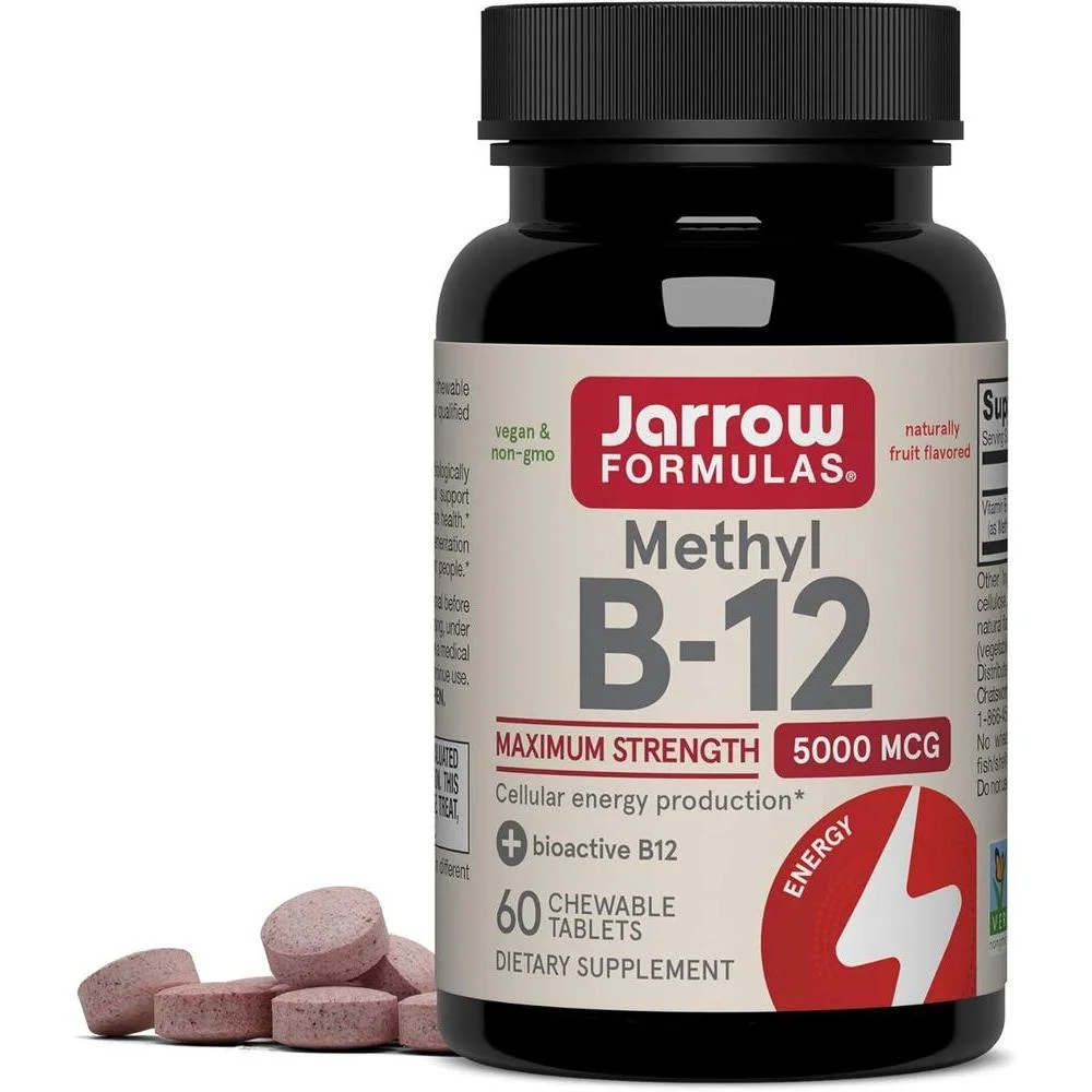 Jarrow Formulas Vitamina B12 Masticable Metilcobalamina 5000 mcg - Sabor Natural a Fruta, Energía y Metabolismo