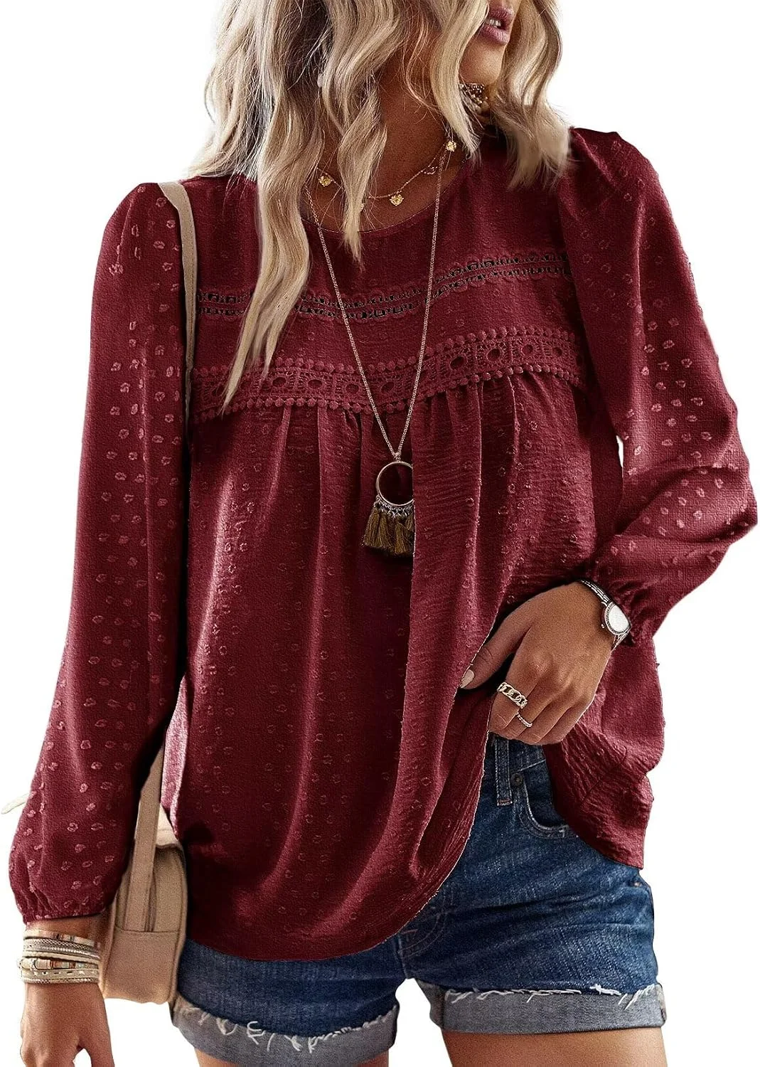 Falechay Plus Size Tops for Women Cute Loose Long Sleeve Burgundy 4XL