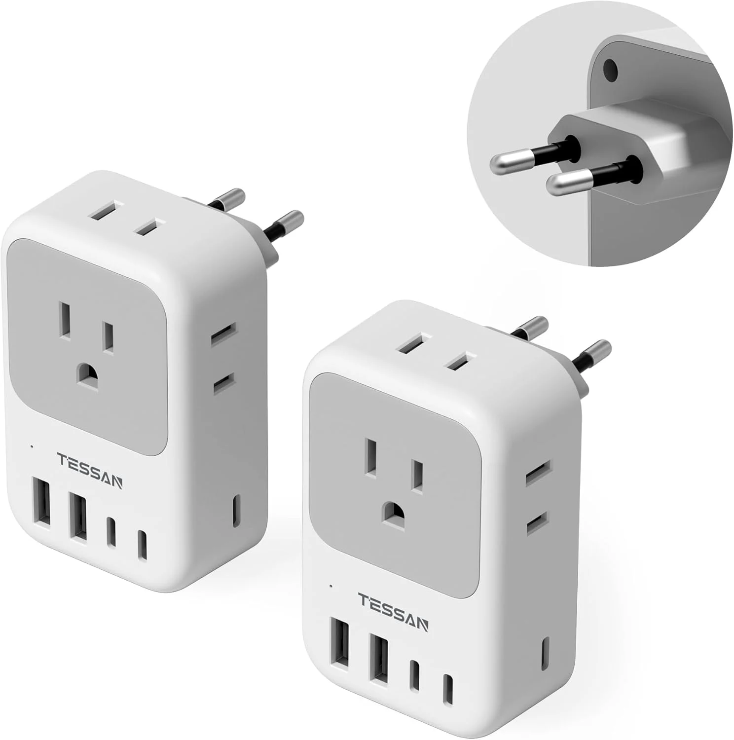 Adaptador de viaje europeo TESSAN Type C con 5 puertos USB 28W