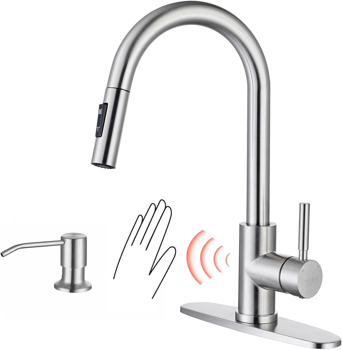 TOYWIA Touchless Kitchen Faucets with Pull Down Sprayer and Soap Dispenser, Brushed Nickel Smart Motion Sensor Stainless Steel Sink Faucet, 1 or 3 Hole Deck Plate Mount for RV, Bar, Outdoor