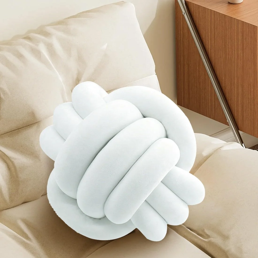 KUCCO White Knot Pillow Ball, Handmade Knotted Throw Pillow, 13.8 Inch