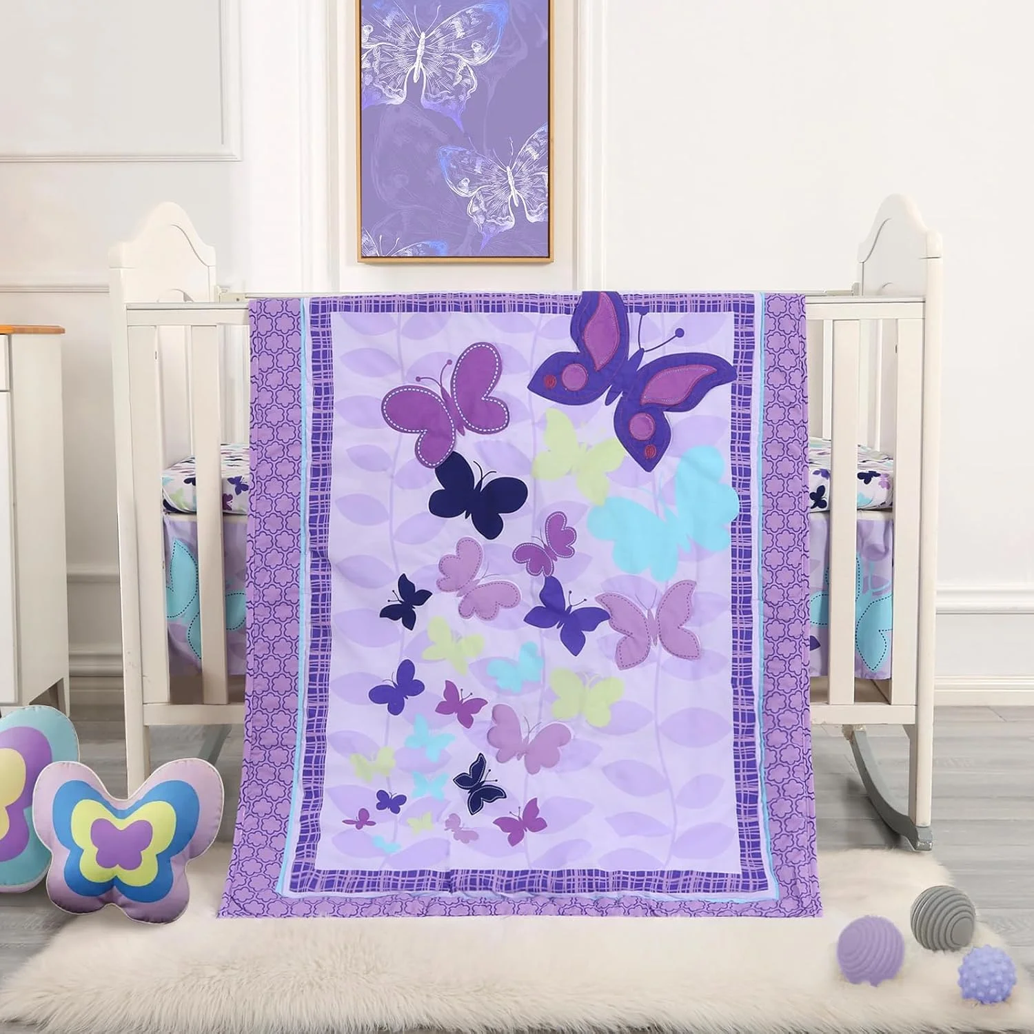 Wowelife Butterfly Crib Bedding Set for Girls 3 Piece Baby Girl Bedding Sets Purple Nursery Crib Sets Newborn, Infant &Toddler Include Quilted Comforter,Crib Skirt and Fitted Sheet, Purple