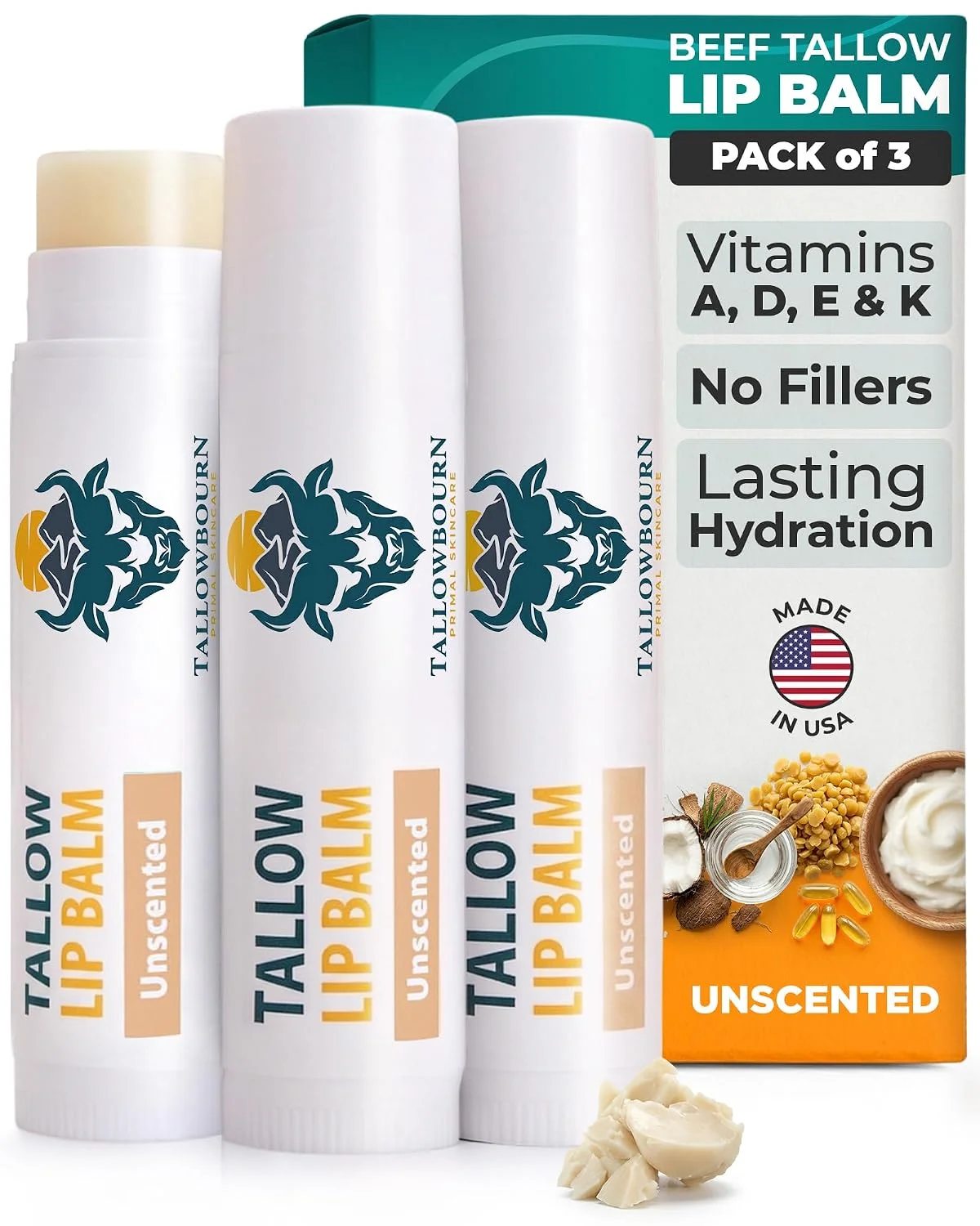 Bálsamo labial Tallowbourn Grass-Fed Beef Tallow sin aroma pack 3 unidades