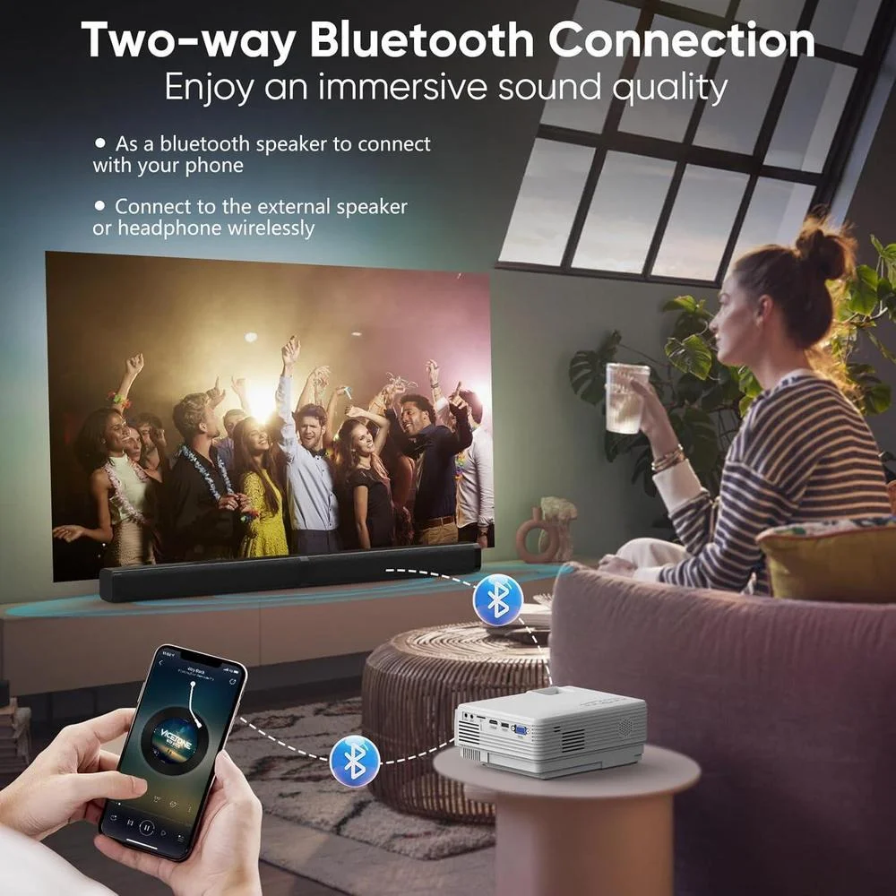 Proyector WiFi y Bluetooth actualizado para exterior, mini proyector de cine en casa compatible con smartphone por WiFi/USB