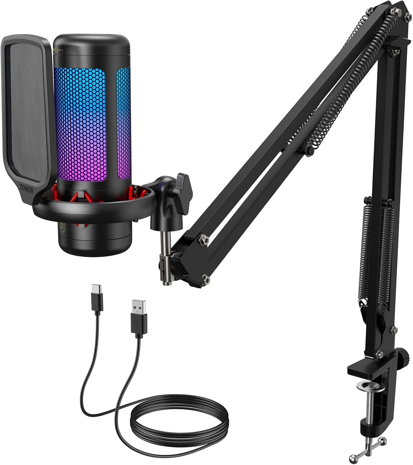TONOR Gaming Microphone Set with Boom Arm, Vocal Condenser Microphone for Content Creators, USB Mic for PC with Stand, RGB, Tap Mute, Gain Control, Gaming Equipemnt, Twitch, Streaming, TC310+
