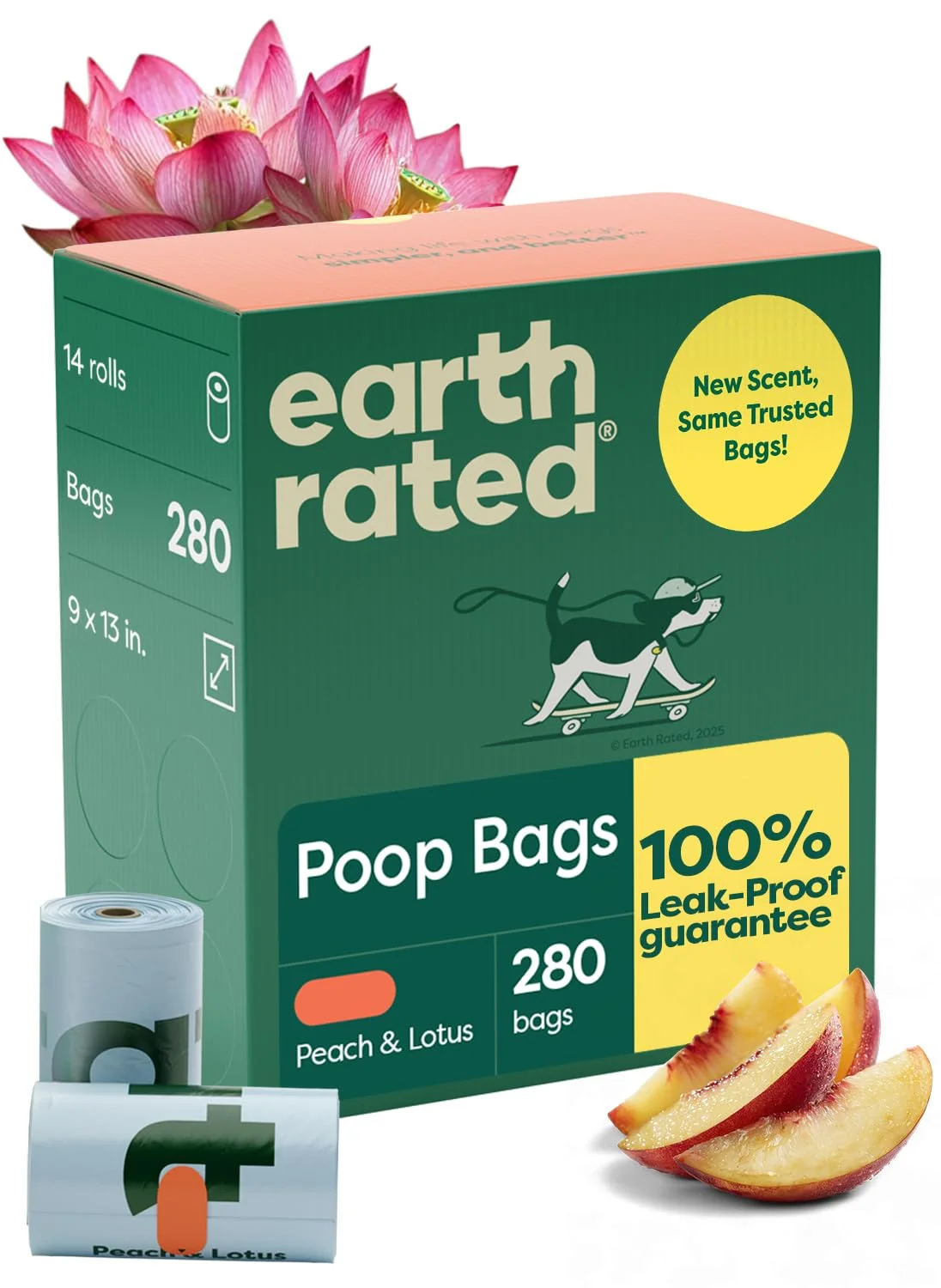 Bolsas para desechos de perro Earth Rated en rollo de recarga, 280 bolsas, aroma Durazno y Loto