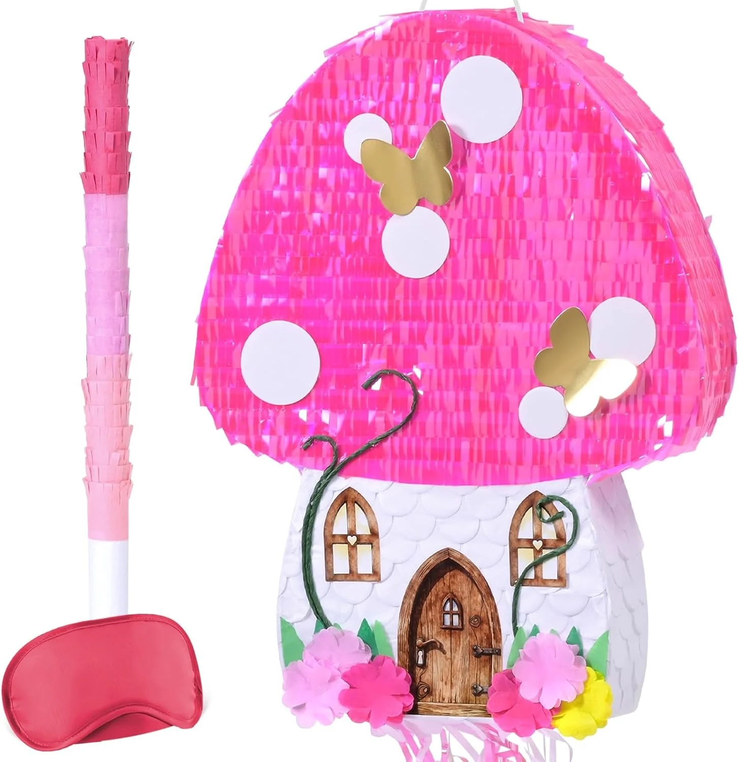 Piñata Casa de Setas Rosa con Mariposas y Flores