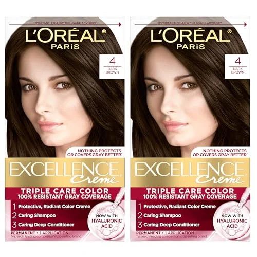 L'Oreal Paris Excellence Crème Permanent Hair Dye, Triple Care Hair Color with Hyaluronic Acid for 100% Gray Coverage, 4 Dark Brown, 1 Kit (Pack of 2) (Packaging May Vary)