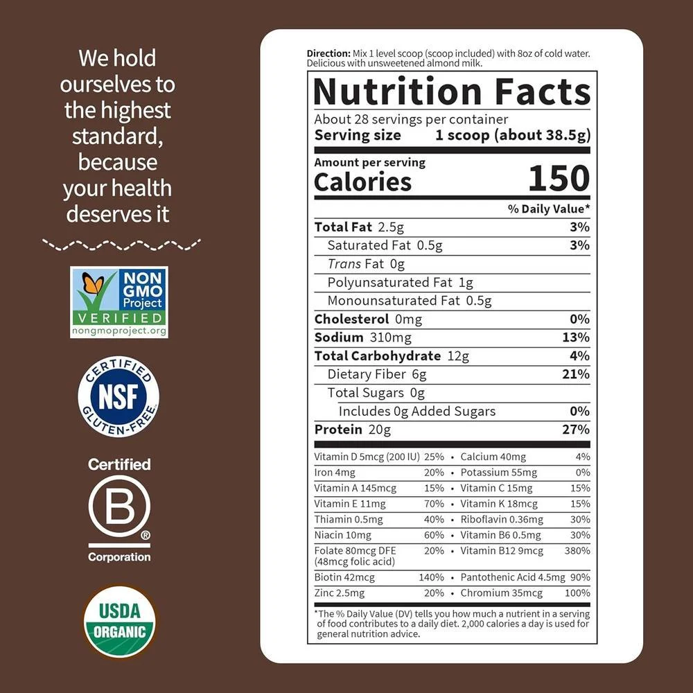 Batido de proteína orgánica Garden of Life sabor chocolate, alto en proteína y fibra, libre de lácteos y sin gluten