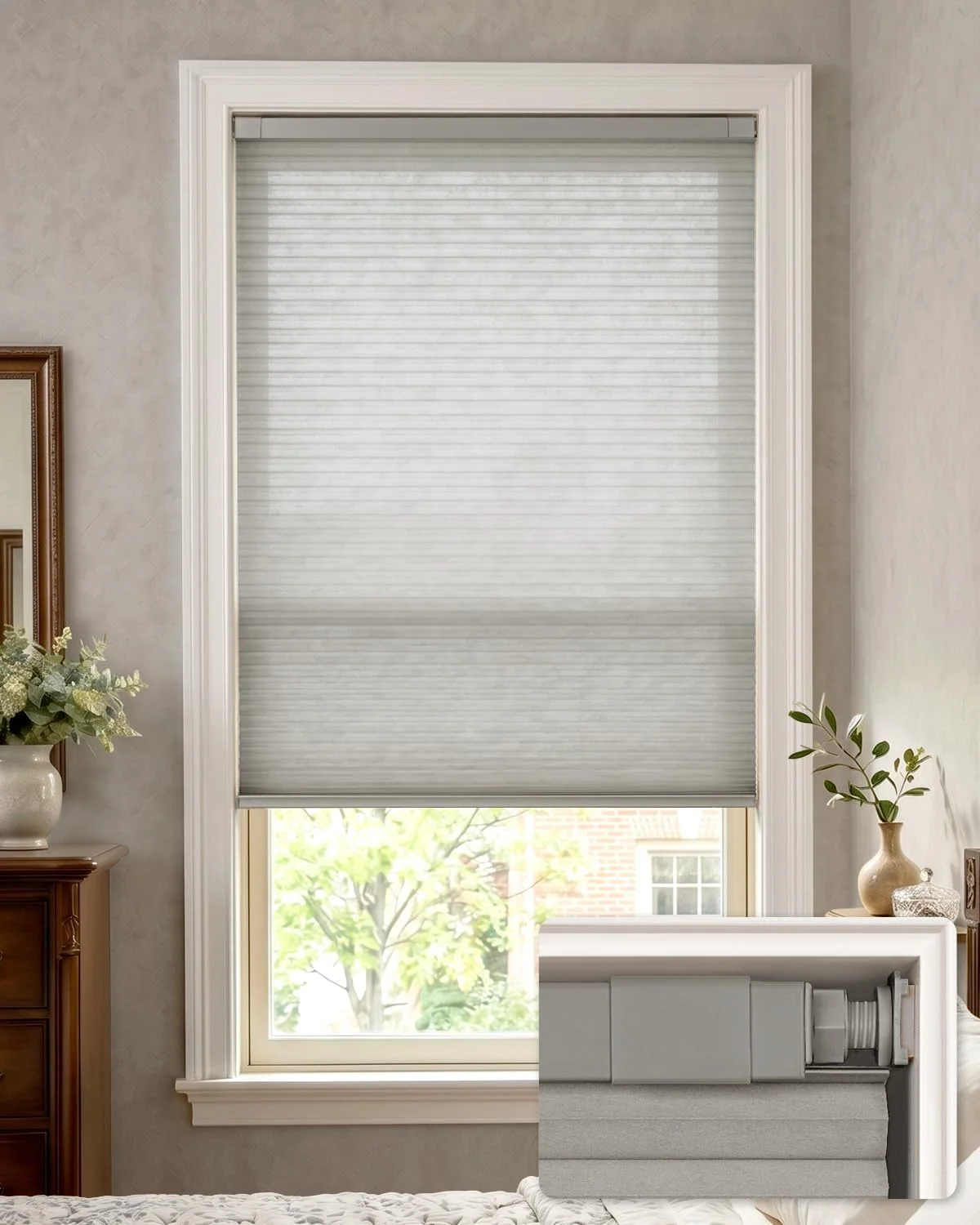 LazBlinds No Drill Light Filtering Cellular Shades, 35"W x 64"H, Dove Grey