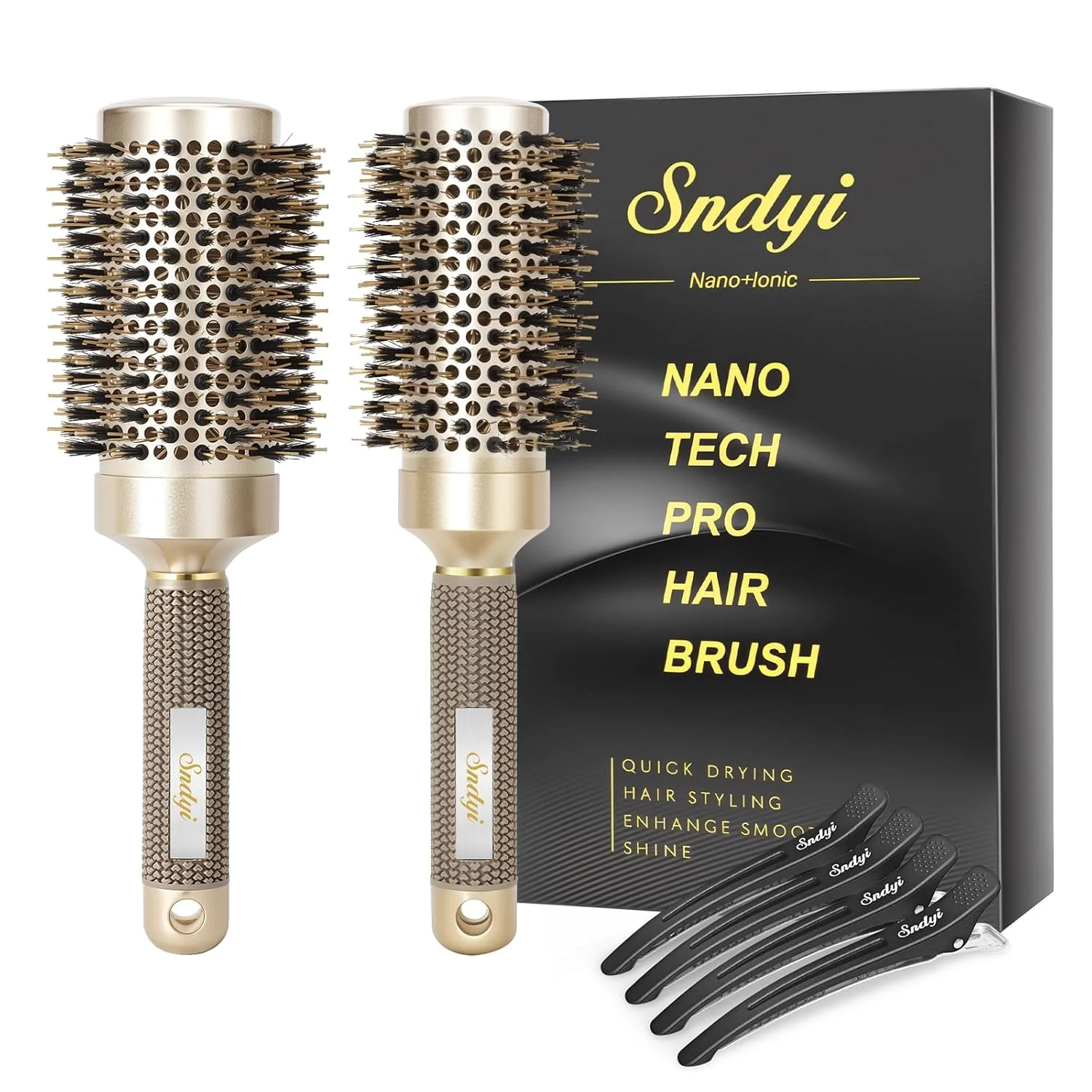 Cepillo redondo Sndyi Nano Thermal Ceramic & Ionic Tech con cerdas de jabalí, pack de 2