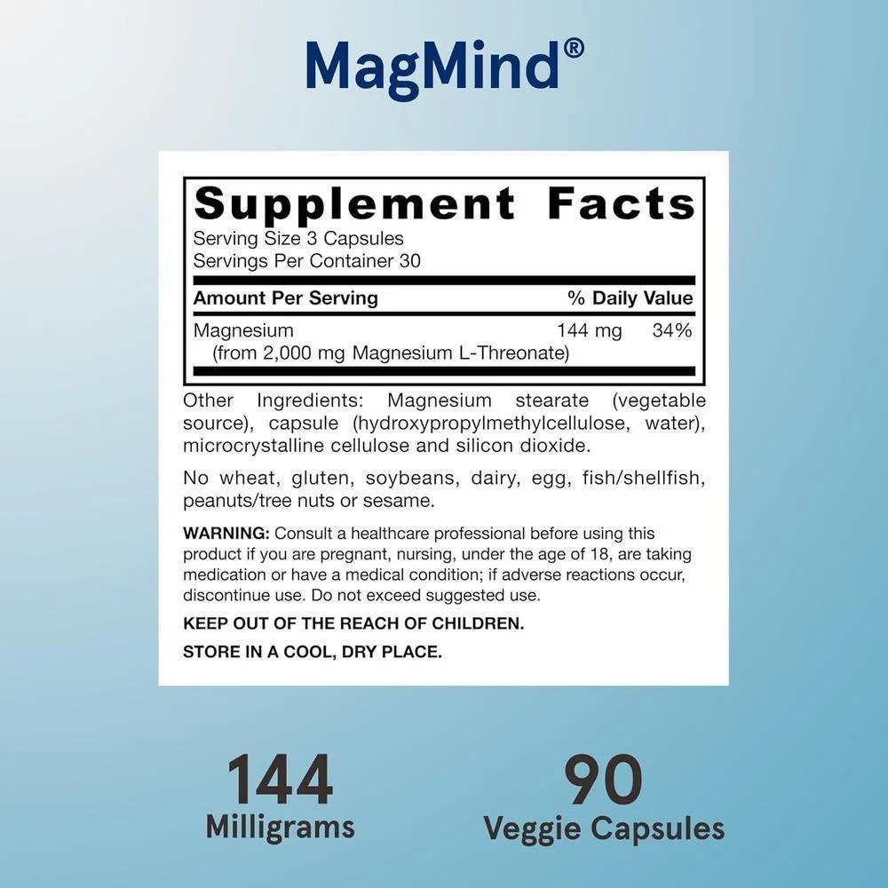 Jarrow Formulas L-treonato de magnesio suplemento para soporte cerebral, 90 cápsulas veganas MagMind Magtein