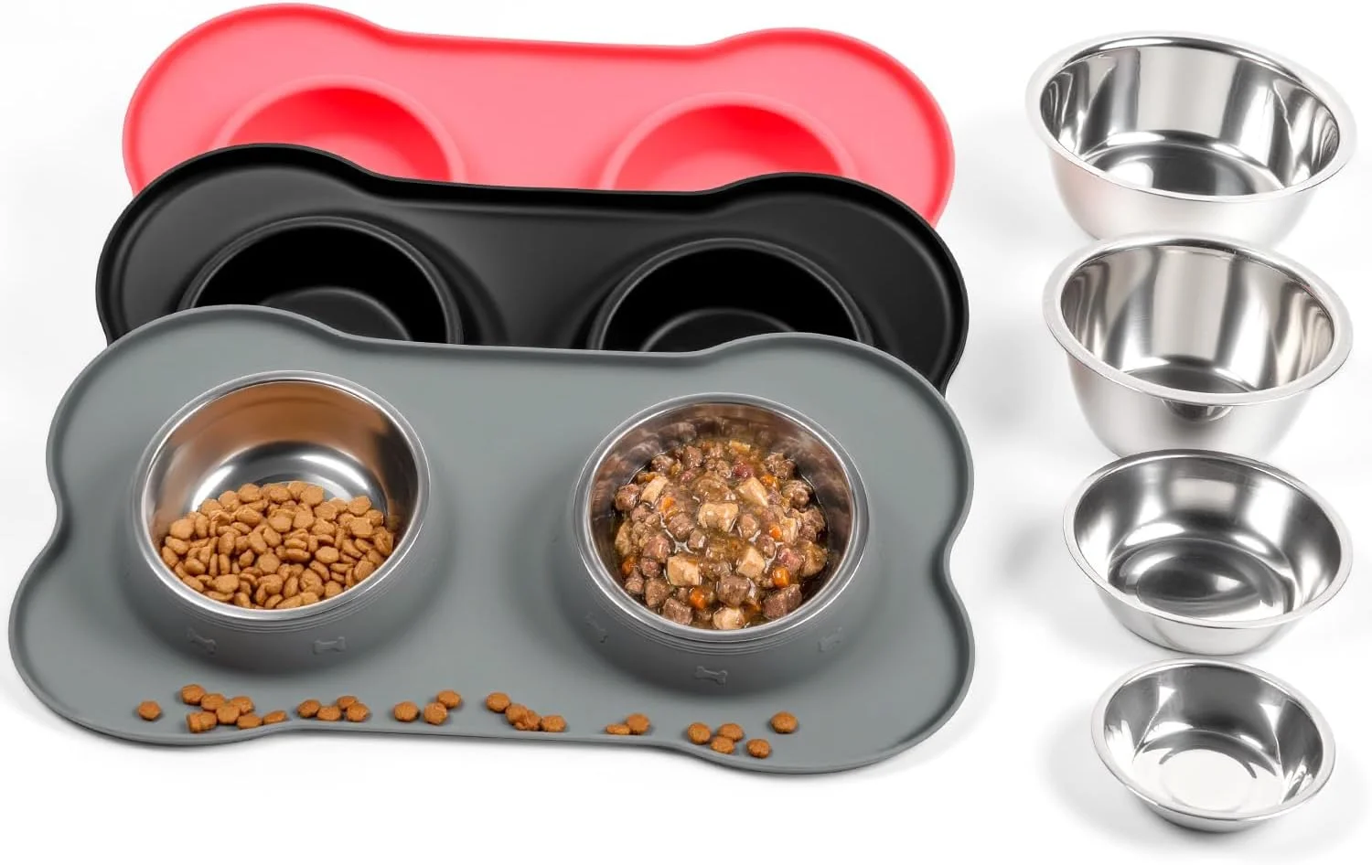 Conlun Pet Feeding Station, Silicone Mat, Spill Proof Bowls, M, Grey