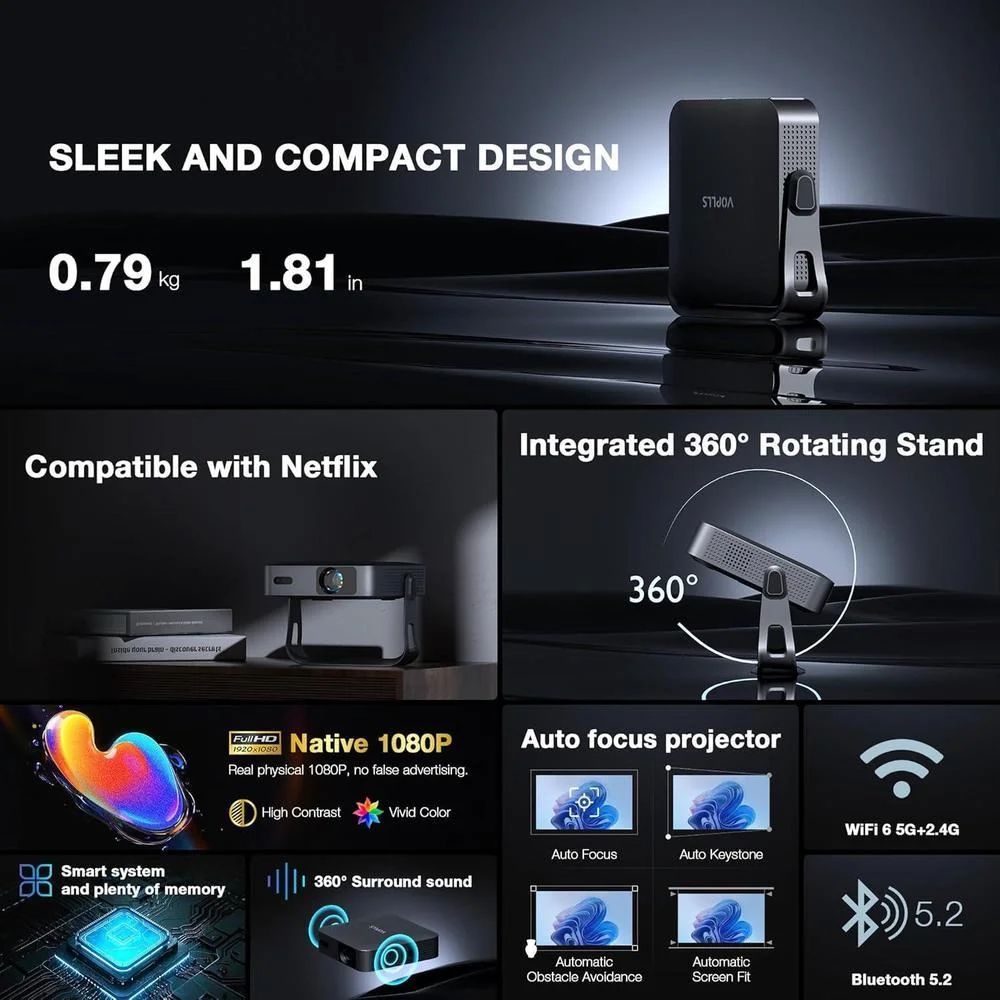 Mini proyector inteligente de alta tecnología con resolución nativa 1080P, WiFi, Bluetooth, enfoque automático y soporte giratorio