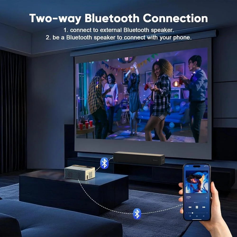 TMY proyector Bluetooth mejorado con pantalla, portátil Full HD compatible con TV Stick Smartphone/HDMI/USB