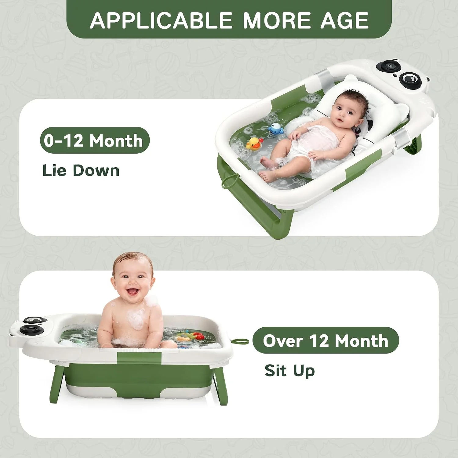 LAUJIA Bañera Plegable para Bebé Diseño Panda con Cojín Verde