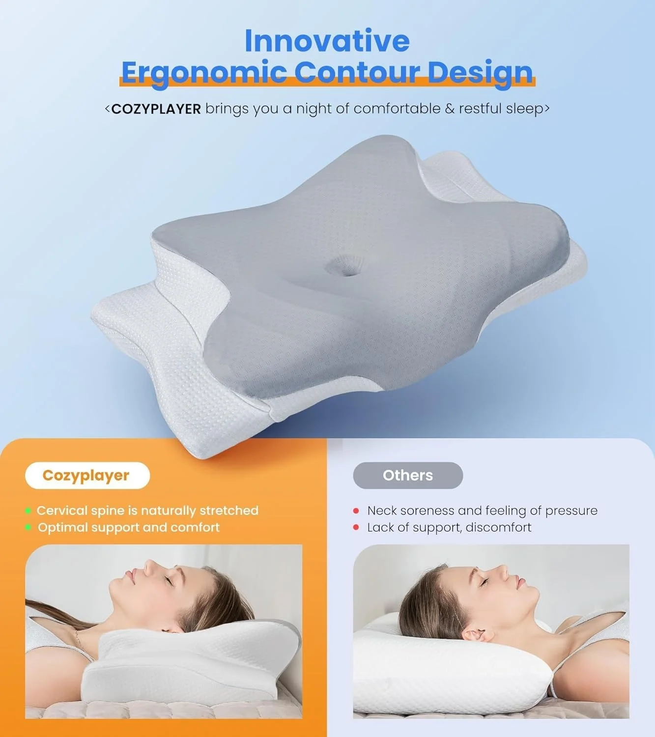 Cozyplayer Ultra Pain Relief Cooling Pillow for Neck Support, Adjustable Cervical