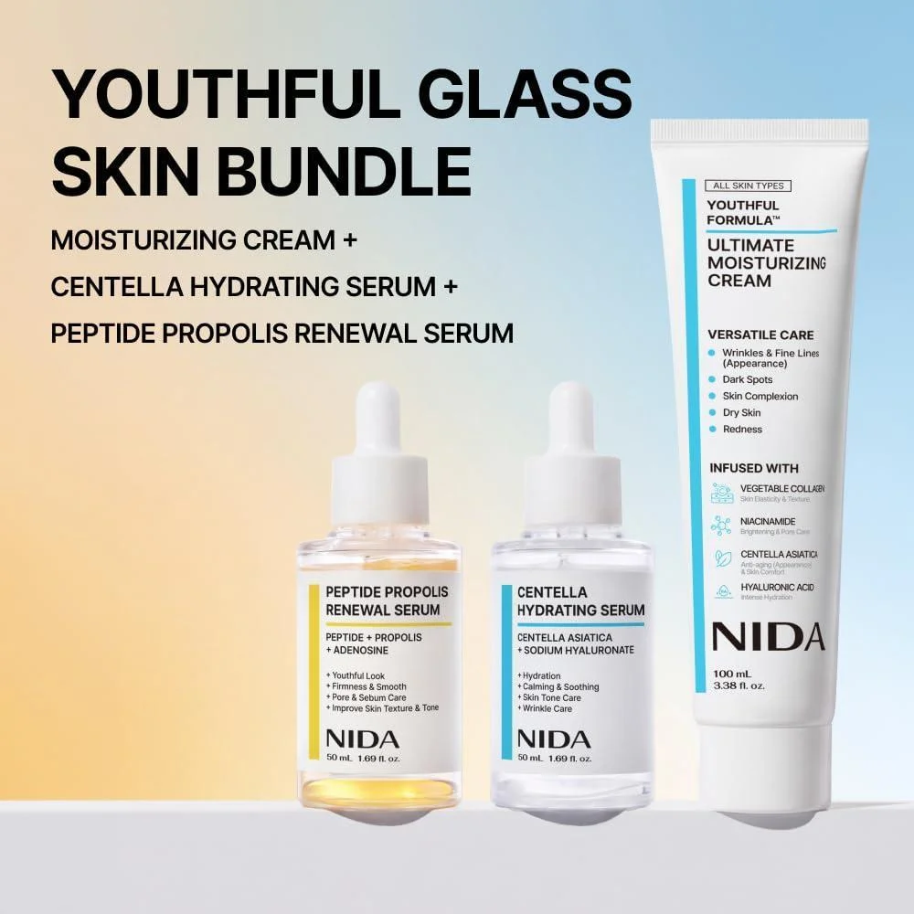NIDA Youthful Glass Skin Combo con crema hidratante y sueros para lograr una piel juvenil y radiante