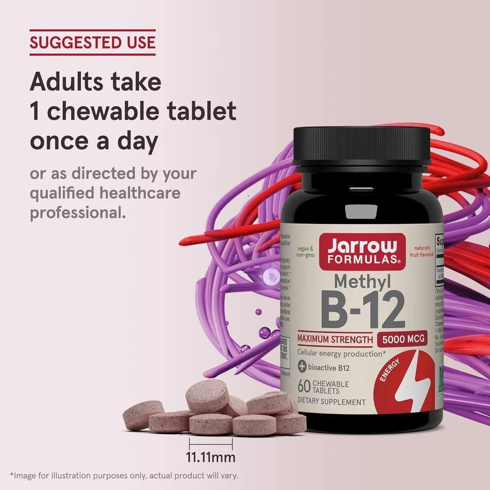 Jarrow Formulas Vitamina B12 Masticable Metilcobalamina 5000 mcg - Sabor Natural a Fruta, Energía y Metabolismo