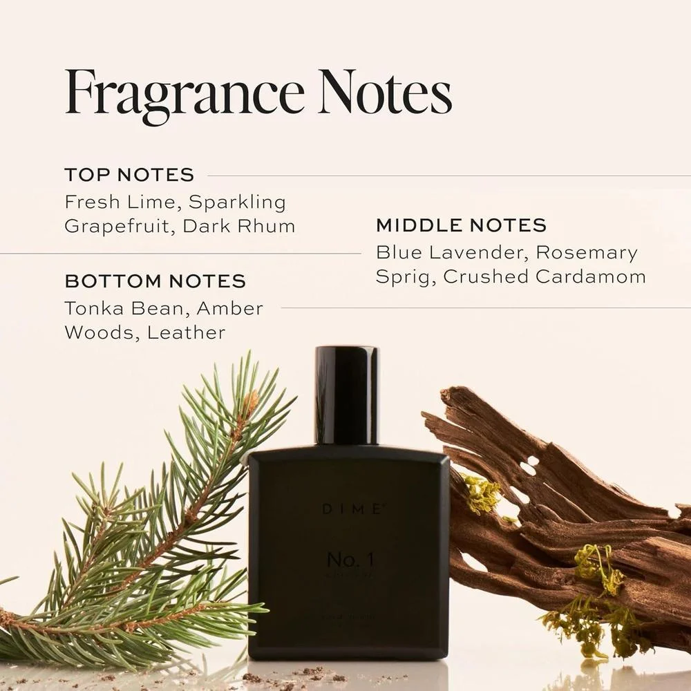 DIME Colonia No. 1 para hombres, con fragancia de maderas de ámbar, cardamomo y cuero. Ideal para uso diario o especial