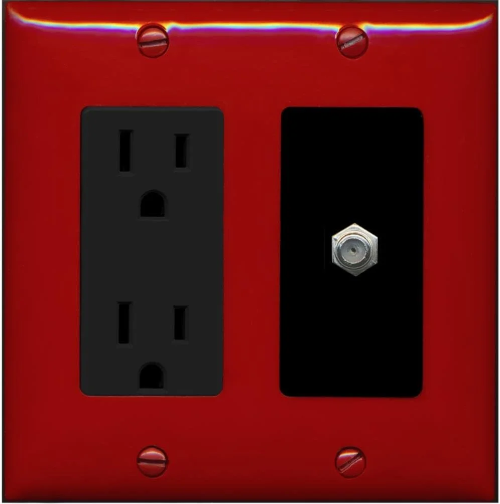 RiteAV - 15 Amp Power Outlet and 1 Port Coax Cable TV- F-Type Decorative Type Wall Plate - Red/Black