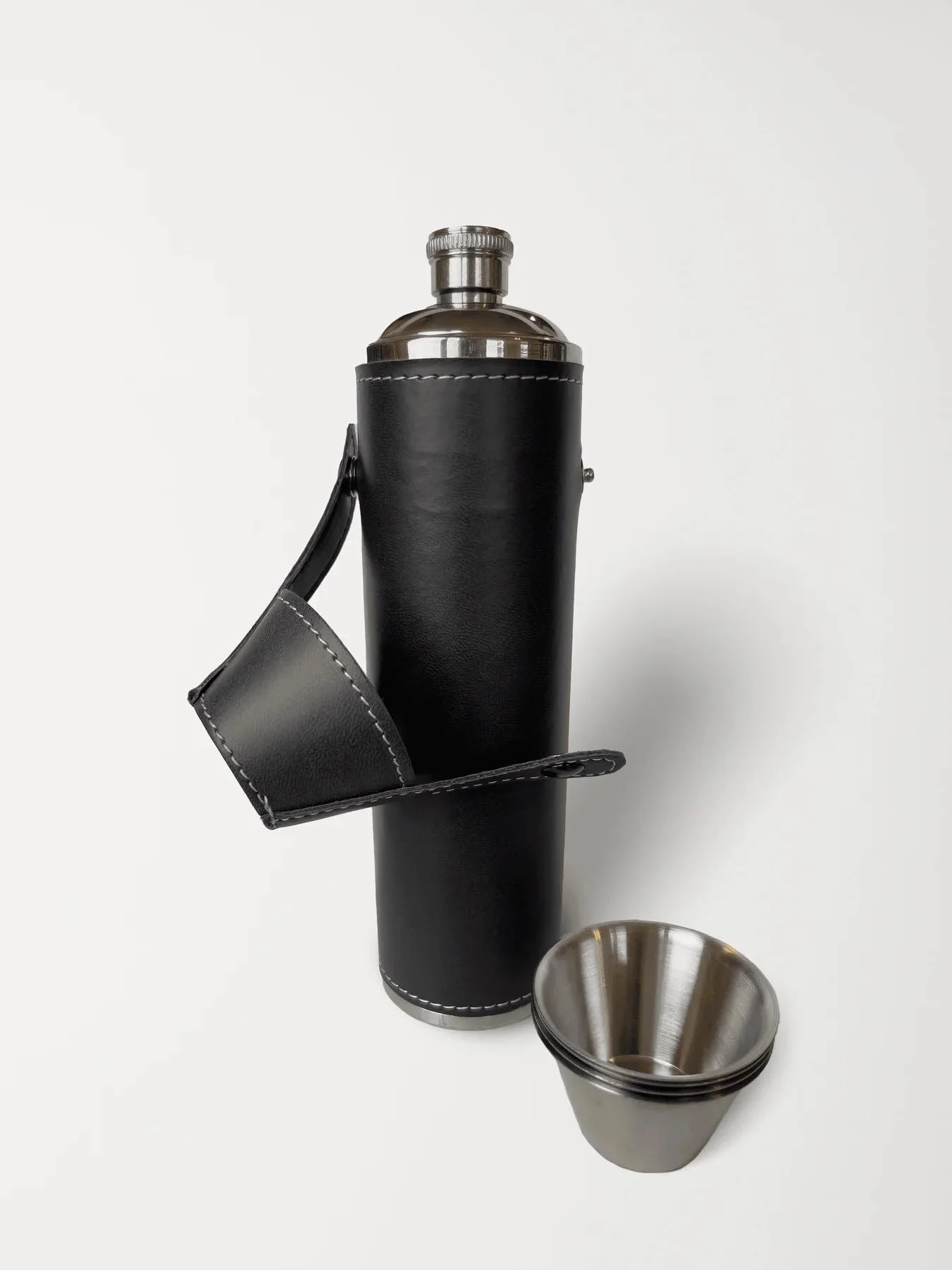 Birdie Bottle 12oz Black Flask with 4 Shot Glasses in Cap – Stainless Steel with Waterproof Leather Case, Leakproof, Reusable, Travel
