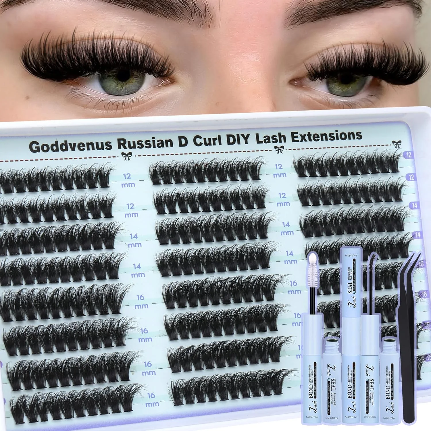 Kit de pestañas en clusters Goddvenus Wispy D Curl 12mm 14mm 16mm con adhesivo