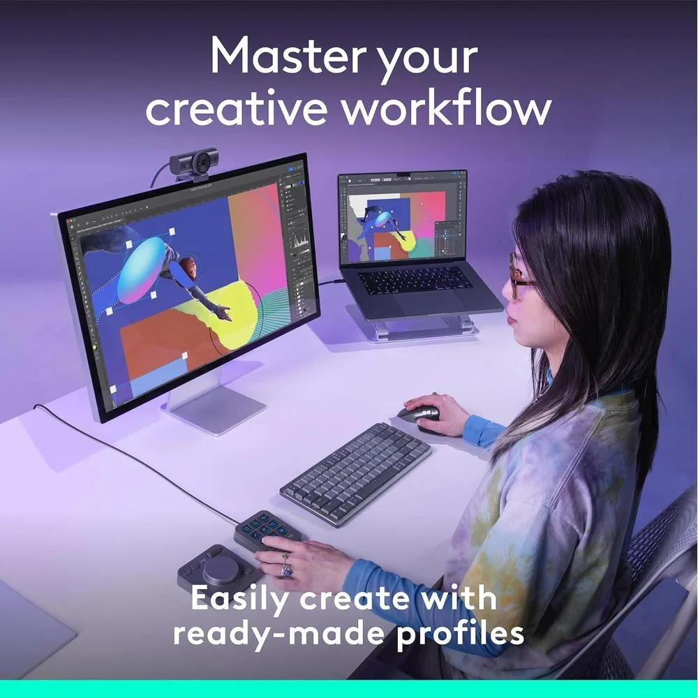 Consola Creativa Logitech MX con 9 teclas LCD personalizables, dial de control, incluye membresía Adobe Cloud 3 meses