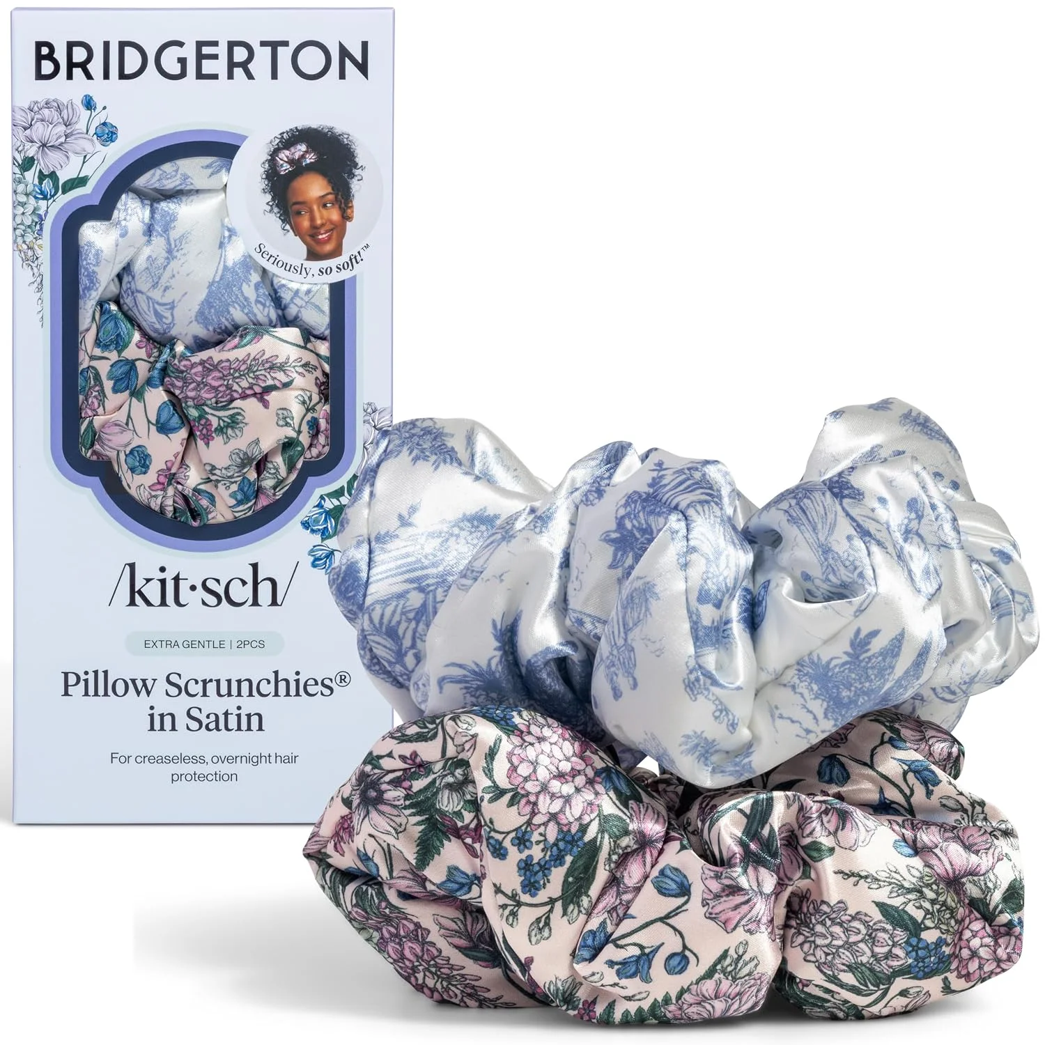Scrunchies de satén Kitsch Bridgerton Toile de Blue, 2 piezas