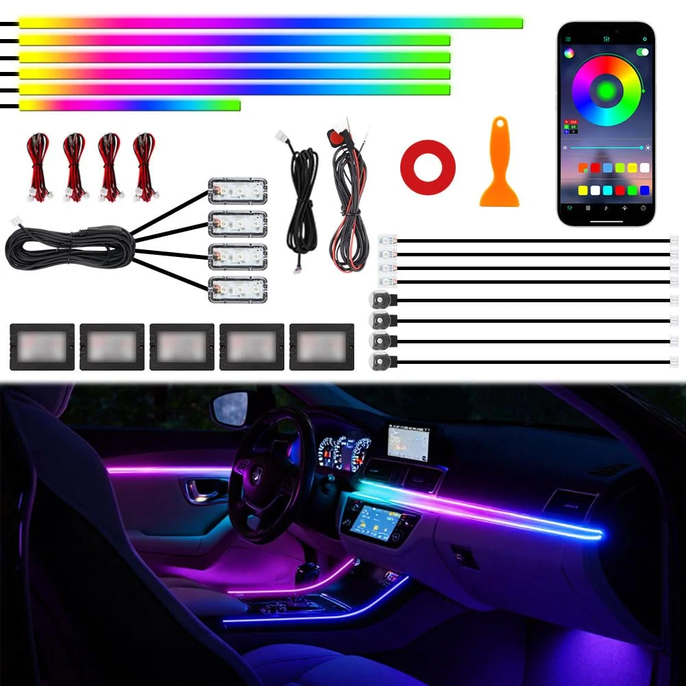 Acrylic Interior Car Ambient Lighting Kits, LED Strip Lights with Wireless APP, Neon Fiber Optic Lights Function LED Strip for Car with Music Modes (18 in 1)