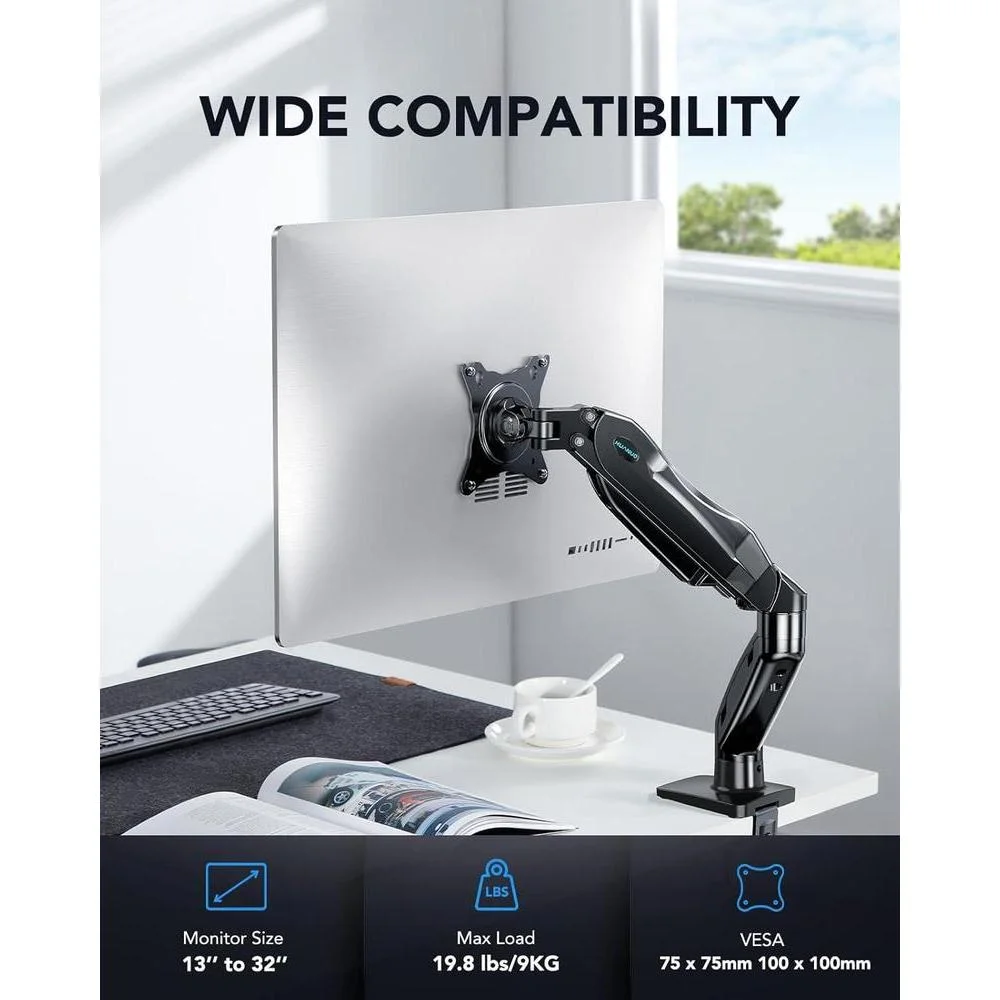 HUANUO Soporte para monitor individual, brazo ajustable para monitores 13 a 32, compatible con VESA, base de abrazadera y ojal